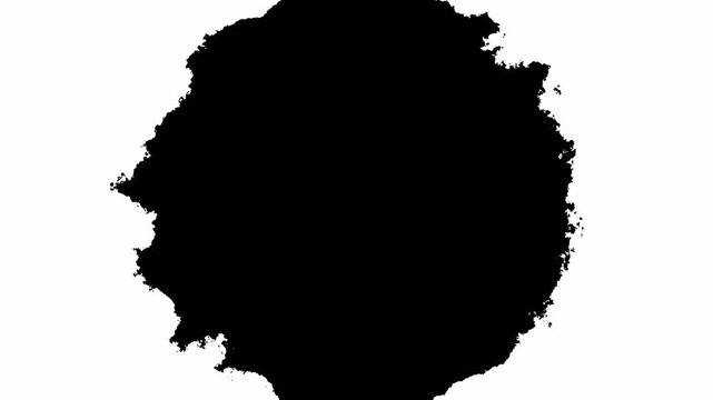 Animated Liquid Ink Splash expansion with alpha channel, Smooth Liquid Ink bloom Alpha Matte for Video Editing. ink spot spreading from center. Video revealer, expanding paint stains on white backdrop