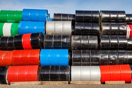 Stack of colorful petroleum barrels, Oregon