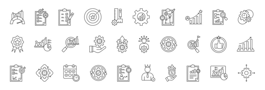 KPI icon set collection in outline style. Icon pack contain Indicator, objective, accountability ,target,  measurement, optimization, strategy, performance, evaluation,  productivity