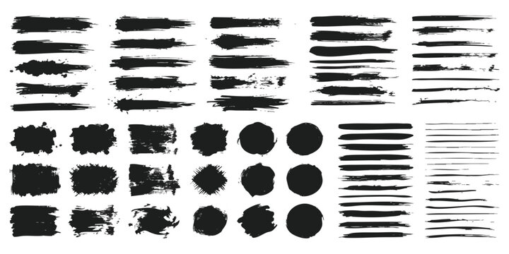 Set of black ink brush strokes and messy paint marks for design elements
