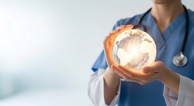 Healthcare professional holds a glowing globe in their hands, symbolizing global health and medical care