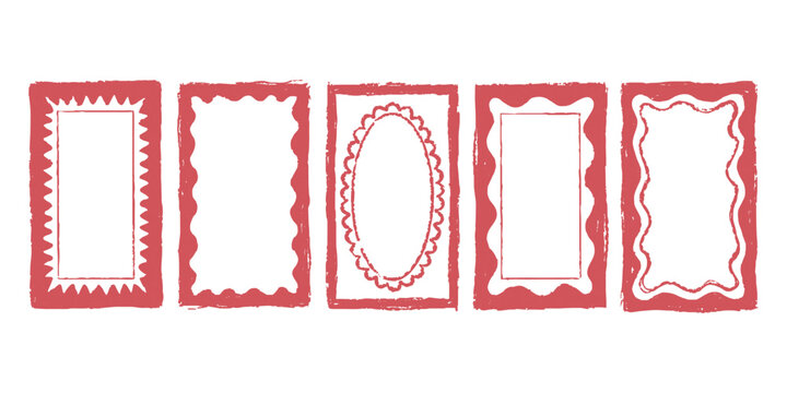 Set of five colorful hand drawn doodle frames with decorative borders for photos and notes