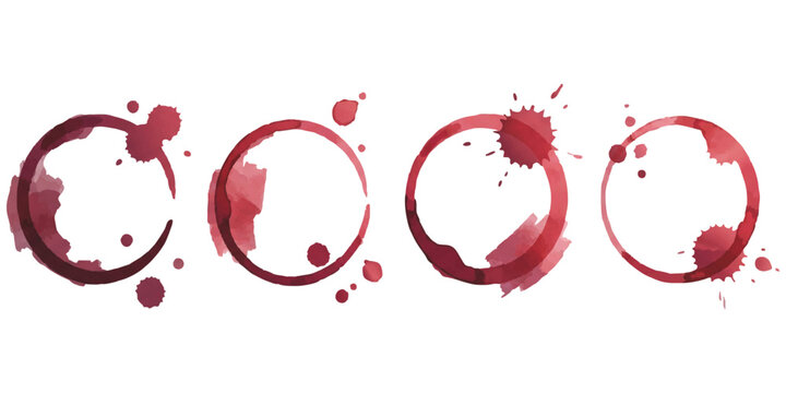 Set of four red wine glass stains and circular coffee cup marks with paint splatters and artistic liquid drips