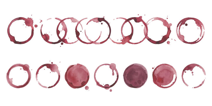 Set of red wine glass stains and circular rings marks on a flat surface