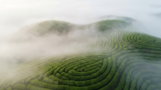 Misty Green Tea Plantations in Rolling Hills with Morning Fog