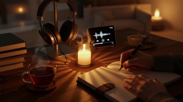 Cozy night workspace with a person writing in a journal by candlelight, featuring headphones and tea in a warm atmosphere