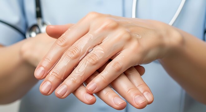 Close-up of a healthcare professional meticulously washing and sanitizing their hands to maintain proper hygiene and prevent the spread of germs and infections in a medical setting