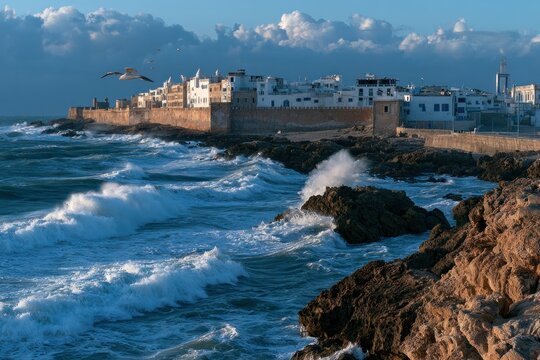 Waves crashing against rocky cliffs near coastal city with seagulls
