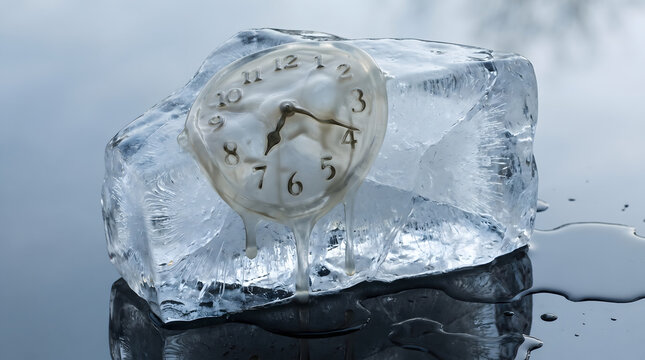 An analog clock face melting inside a large block of transparent ice representing the concept of time passing slowly in a cold and frozen environment