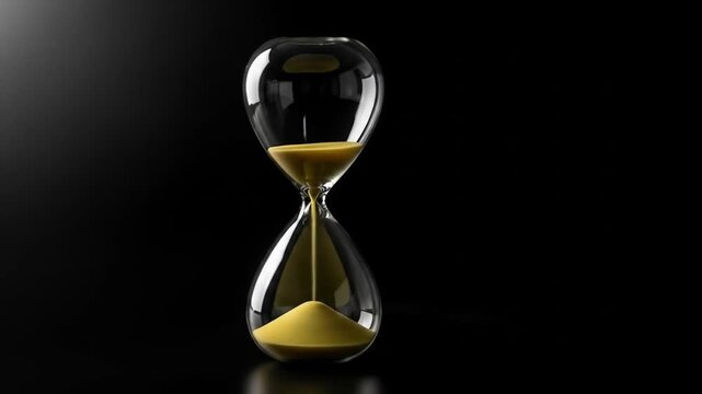 Cinematic glass hourglass with golden sand flowing slowly against a sleek black background, representing time management and urgency