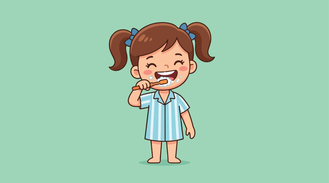 Cute girl brushing teeth with toothpaste and foam flat design