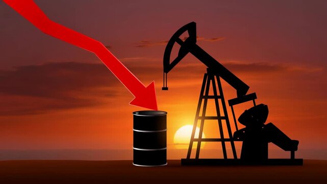 Crude oil barrel and pump jack silhouette with downward red arrow representing falling oil prices