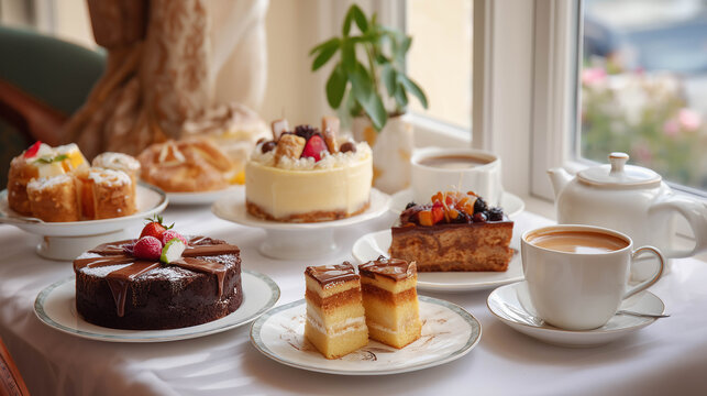 Assorted Cakes and Pastries with Coffee on Elegant Table in Natural Light