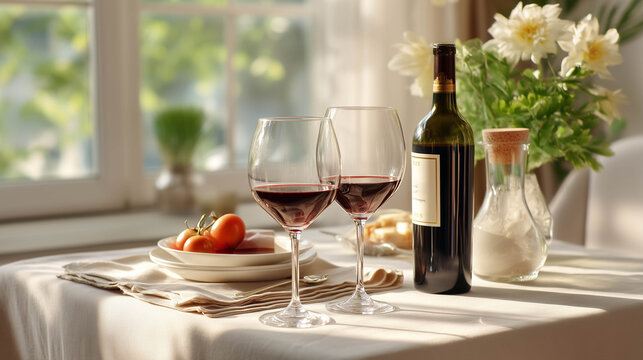 Elegant Red Wine Glasses and Bottle on Linen Table with Soft Window Light