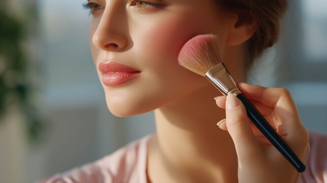 Close-Up of Woman Blending Blush with Makeup Brush in Natural Light