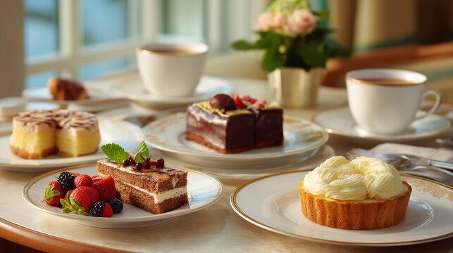 Assorted Cakes and Pastries with Coffee on Elegant Table in Natural Light