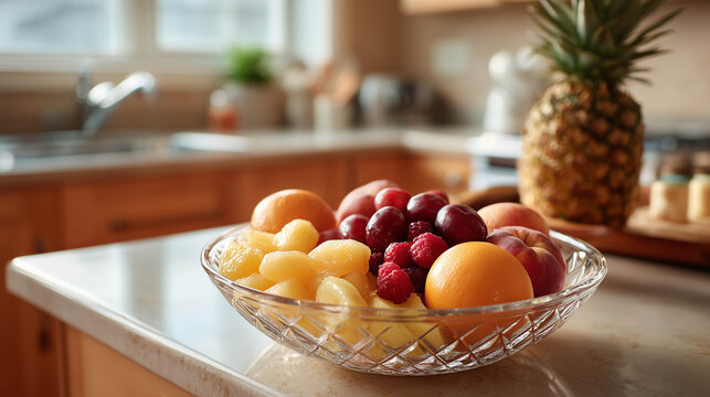 Elegant Glass Bowl of Assorted Tropical Fruits on Modern Kitchen Counter