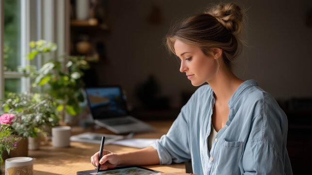 Freelance Illustrator Sketching on Tablet in Bright Cozy Home Office