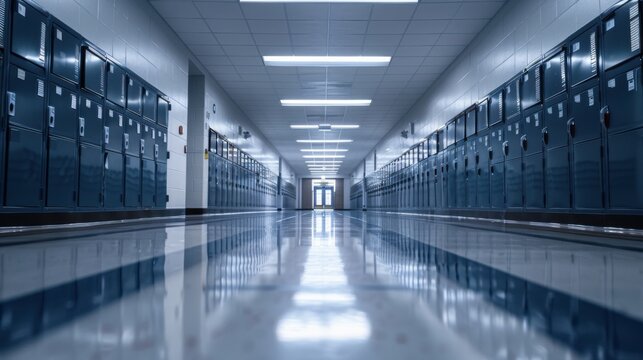 Empty school hallway with symmetrical lockers and polished floor Canon EOS R5 24mm lens f8