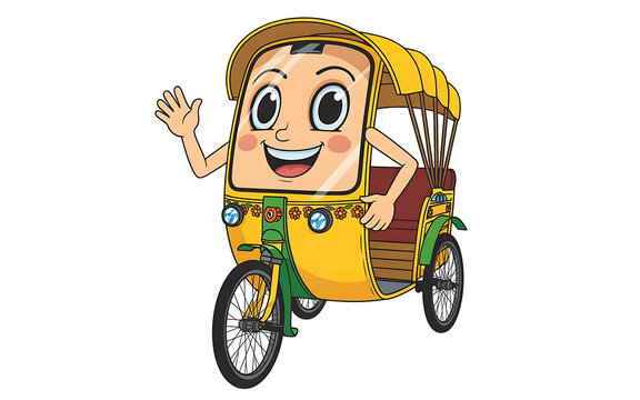 Cartoon rickshaw illustration with friendly face transportation mascot design