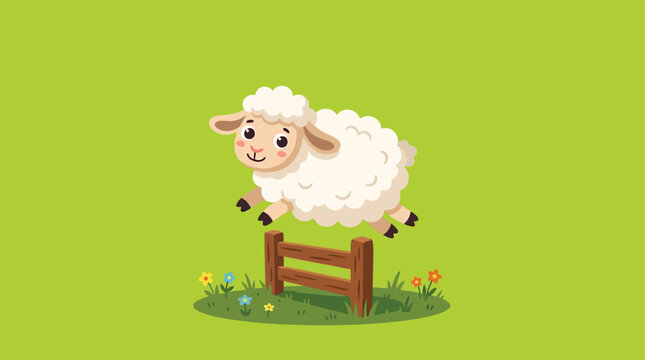 Cute cartoon sheep jumping over a fence for kids