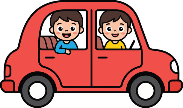 Cute Kids Riding Car Vector Illustration, Cartoon Children Travel Vehicle in Flat Style.