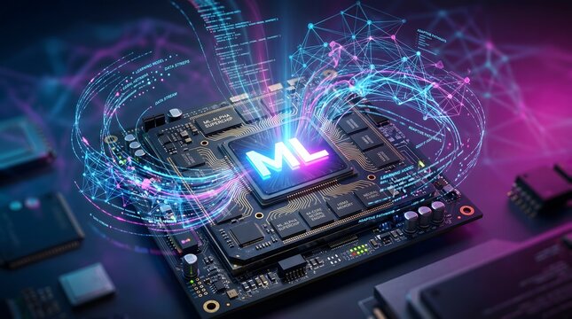 Advanced machine learning processor chip glowing with vibrant digital data streams and complex network connections inside