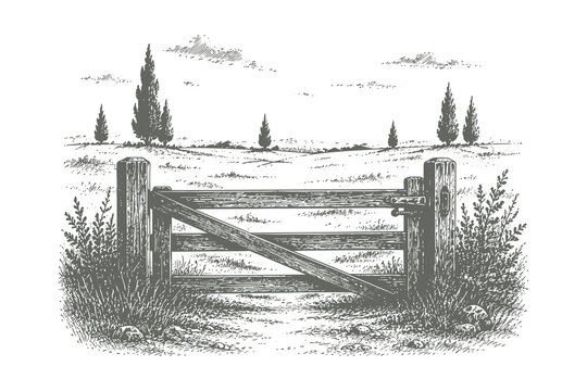 Hand drawn engraving style vector illustration of a rustic wooden fence gate opening to a scenic countryside path with distant trees