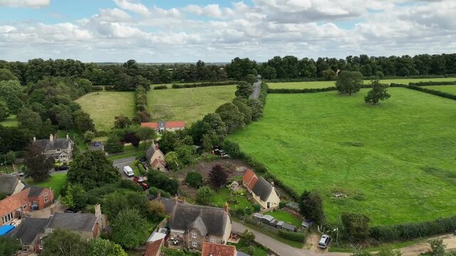 Aerial View of Warkton Village Houses and Country Road in Northamptonshire England