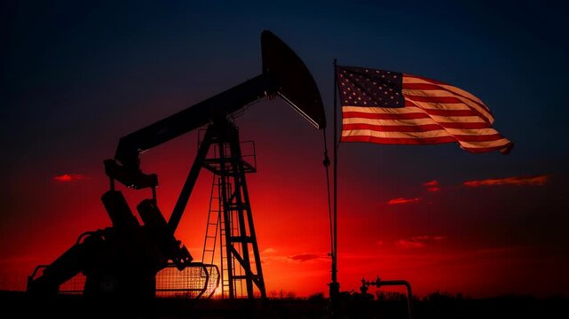 American oil pumpjack silhouette at sunset with waving United States flag patriotic energy scene