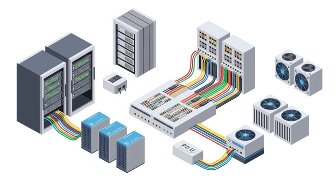 Industrial server cabinets are connected by vibrant multicolored wiring bundles to a central power distribution unit with cooling fans arranged on a white backdrop.