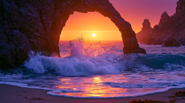 Natural rock arch at sunset with crashing waves in the Whitsundays