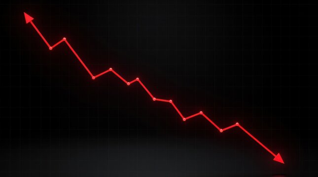 A red line graph on a black grid showing a sharp downward trend. The glowing line and arrow symbolize financial loss, market crash, or a steep decline.