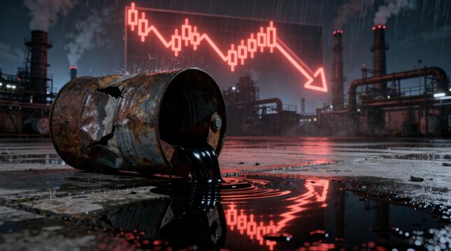 A rusty barrel spills crude oil in front of a refinery as a glowing red chart shows a market crash, symbolizing economic and environmental crisis.