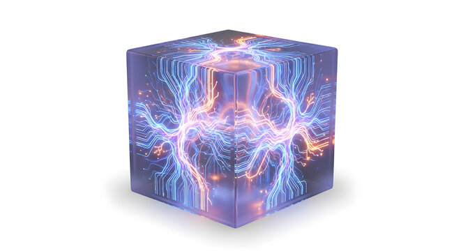 Transparent Glass Cube with Internal Glowing Blue and Orange Plasma Energy Veins, Futuristic Electric Power Source Concept, 3D Rendered Abstract Sci-Fi lightning and Electricity Illustration