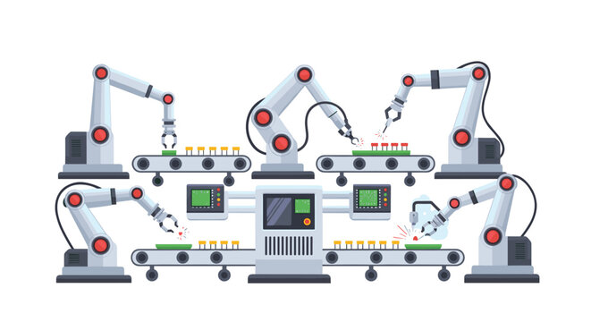 Automated robotic stations execute soldering and assembly tasks on electronic circuit boards moving along a continuous conveyor track in a clean industrial facility.