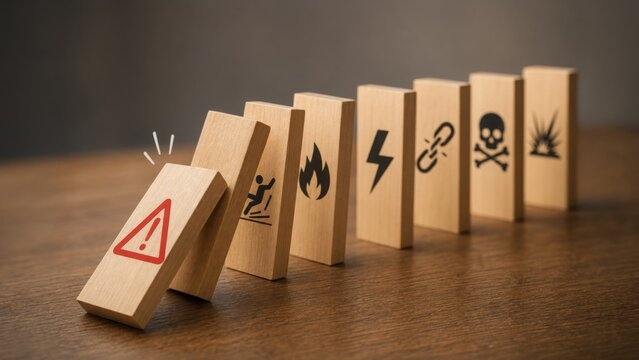 A domino with a warning sign triggers a chain reaction of various hazards, symbolizing the consequences of risk and the domino effect.
