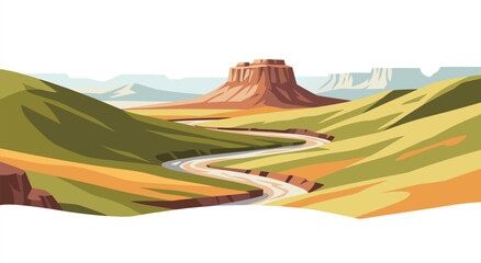 Vibrant landscape illustration of a winding river through rolling hills and a mesa, vector art, perfect for travel and nature themes © Purnomo