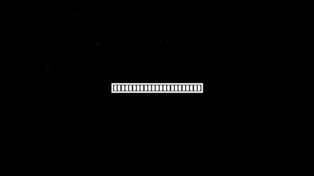 Minimalist digital progress bar icon on a black background, symbolizing loading, buffering, or data processing activity in user interface design and technology applications