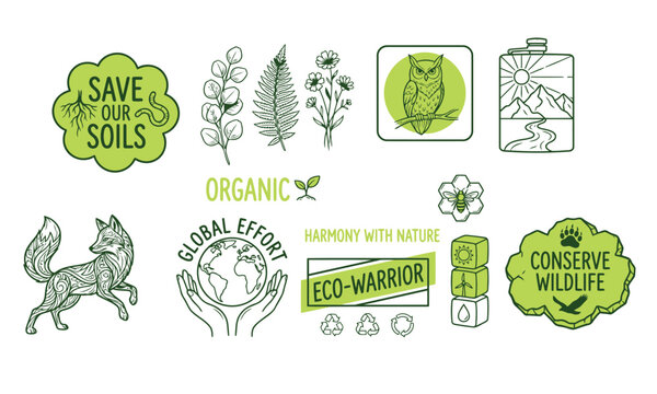 Collection of organic eco-friendly nature conservation and wildlife protection emblems