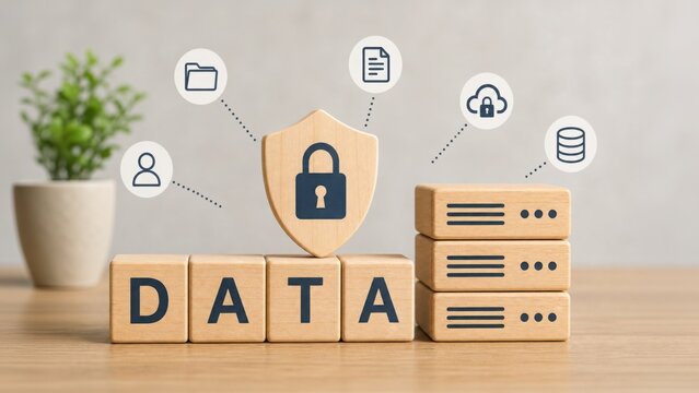 Wooden blocks spelling DATA, protected by a shield with a padlock. Icons for servers, cloud, and documents illustrate cybersecurity and information protection.