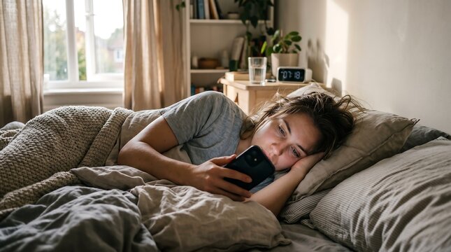 A relatable depiction of modern phone dependency, showing a person checking their device immediately after waking up.