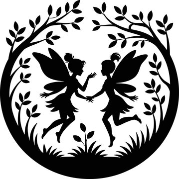 Two fairies dancing hand in hand in a forest surrounded by trees and grass