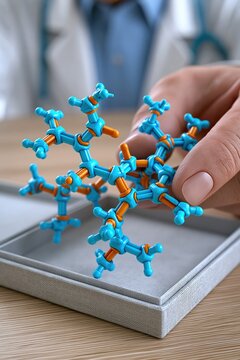 Healthcare consultant placing abstract cortisol molecule model in presentation case