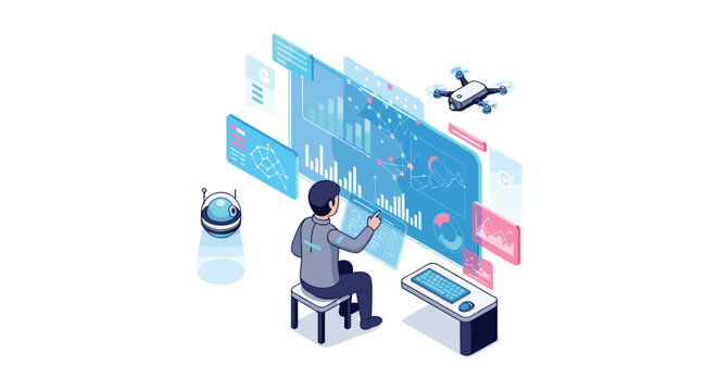 An isometric professional manipulates a three-dimensional holographic interface containing data panels and hovering drone technology in a bright virtual workspace setup.