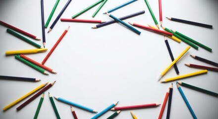 Fototapeta premium Colorful Pencils Scattered on White Background Forming a Circular Frame.