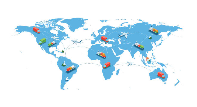 An isometric world map features interconnected international shipping paths with small colorful transport trucks ships and airplanes illustrated on a bright blue background plane.
