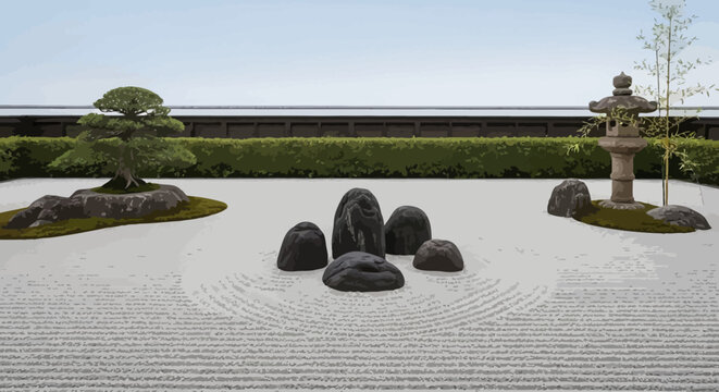 Serene Japanese Zen garden landscape with raked gravel and stone features.
