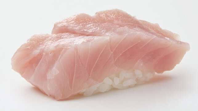 photography of a translucent slice of Madai snapper sushi. Faint translucency at the edges and delicate fiber separation on the fish. Handcrafted rice showing natural rice seam and slight irregularity