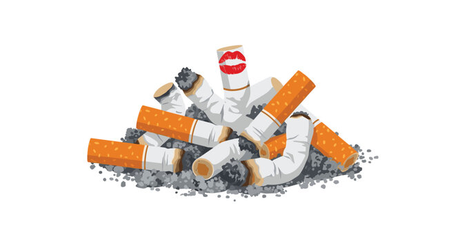 A small collection of discarded tobacco cigarette stubs featuring one filter marked with a red lipstick stain lies on a white surface in this detailed digital illustration.